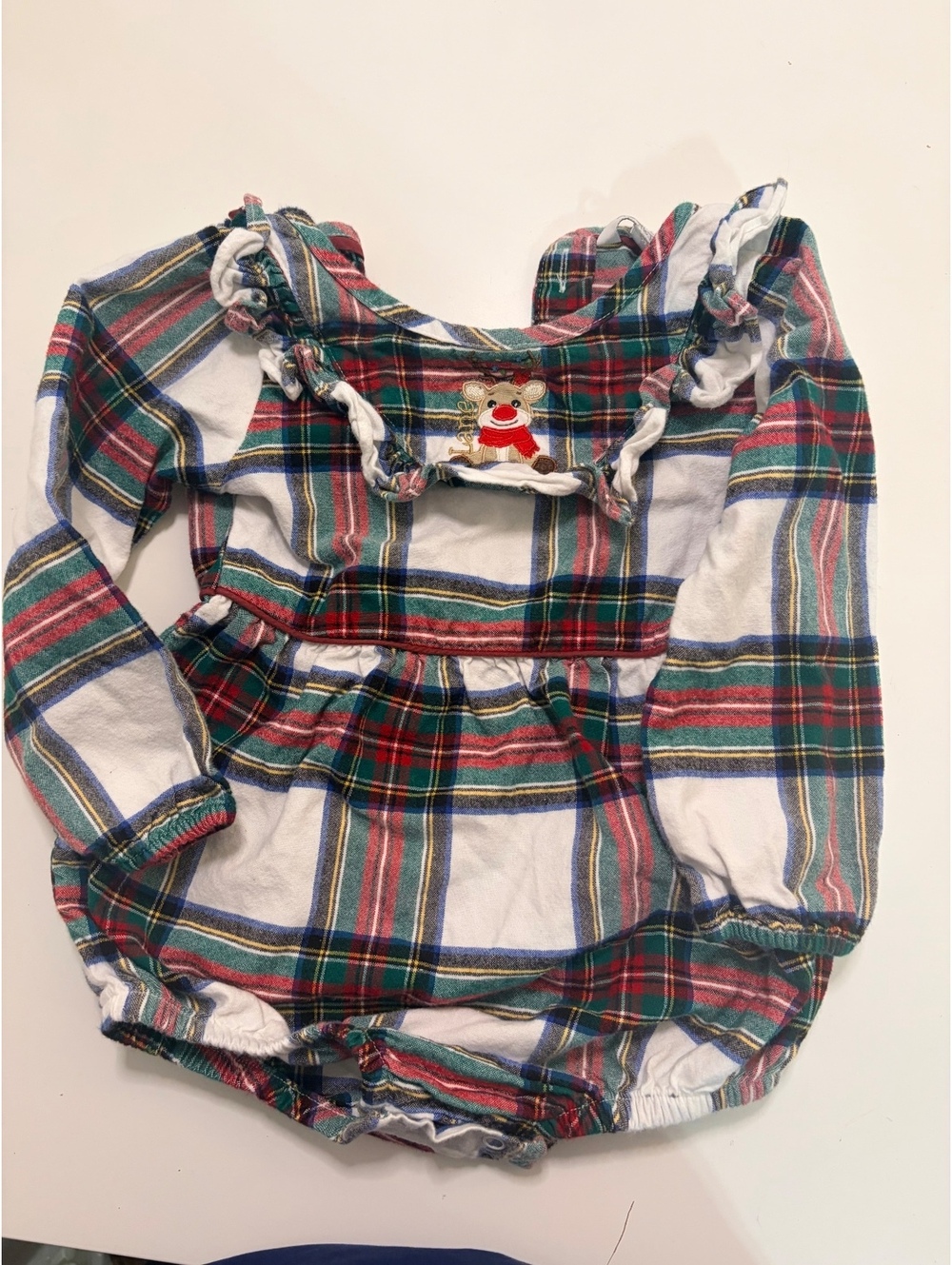 RuffleButts Plaid Christmas Reindeer Ruffle Bodysuit Bubble Romper Size 2T